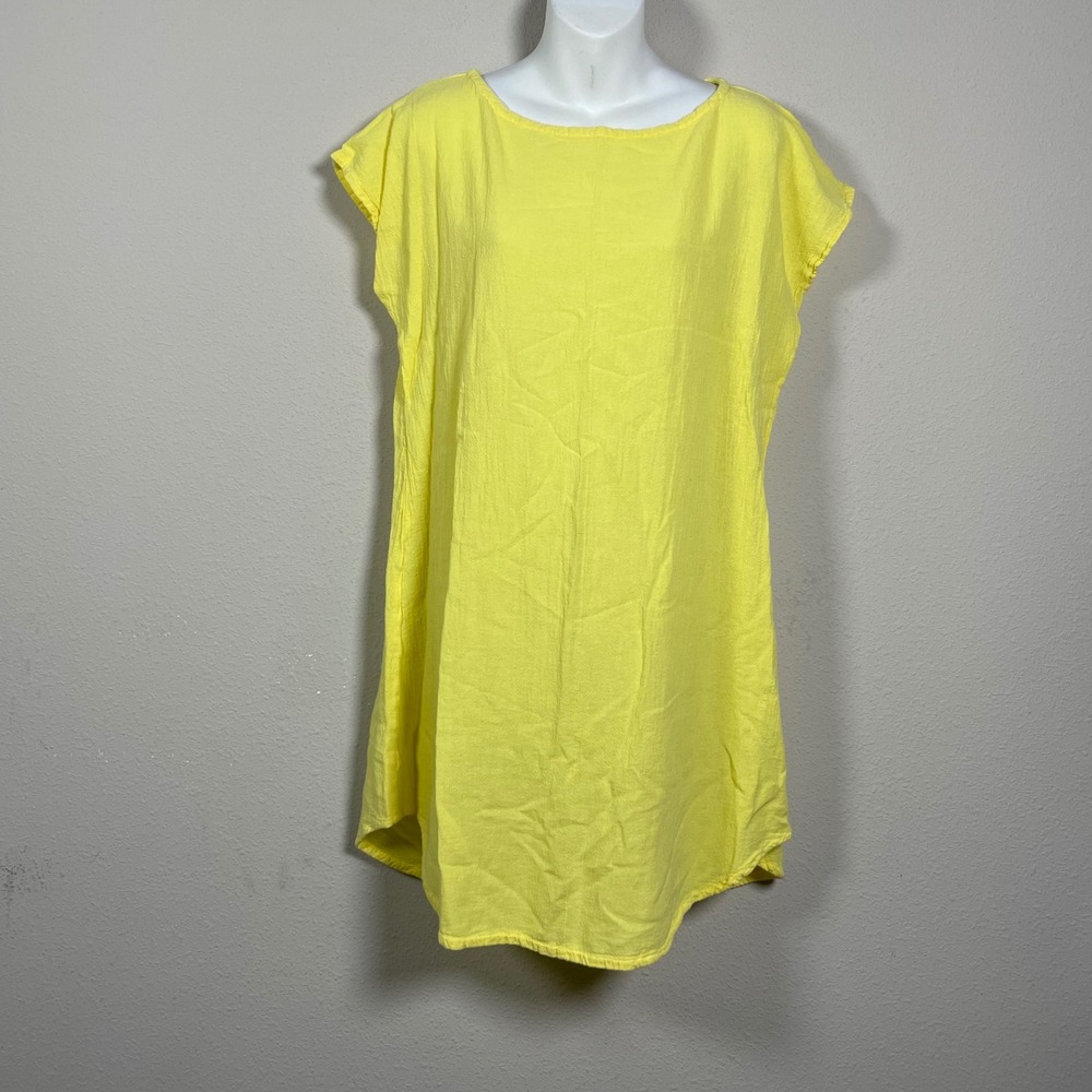 Oh My Gauze Cotton Shift Dress Coastal 1 S/M  Yellow Lagenlook Short Sleeve Mini